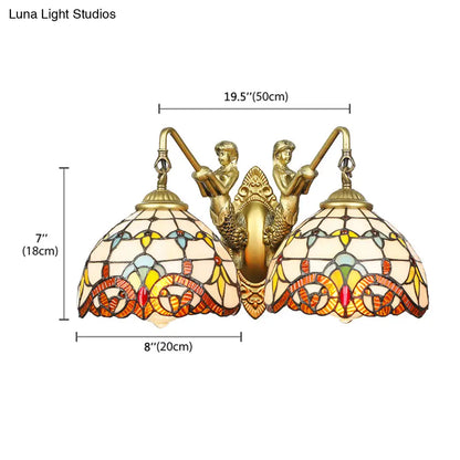 Brass Baroque Wall Sconce Light with 2 Beige Glass Heads and Mermaid Design