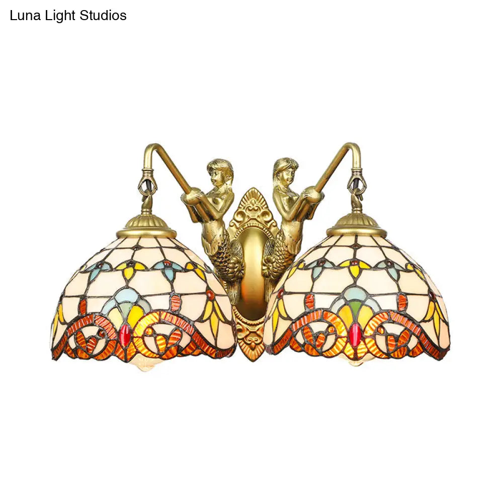 Brass Baroque Wall Sconce Light with 2 Beige Glass Heads and Mermaid Design