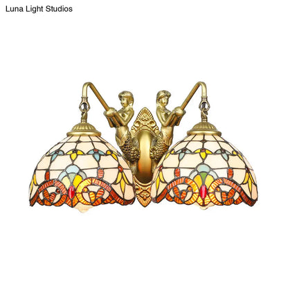 Brass Baroque Wall Sconce Light with 2 Beige Glass Heads and Mermaid Design