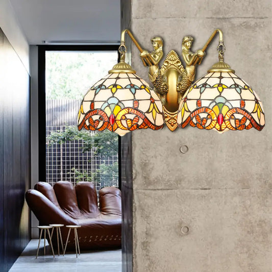 Brass Baroque Wall Sconce Light with 2 Beige Glass Heads and Mermaid Design