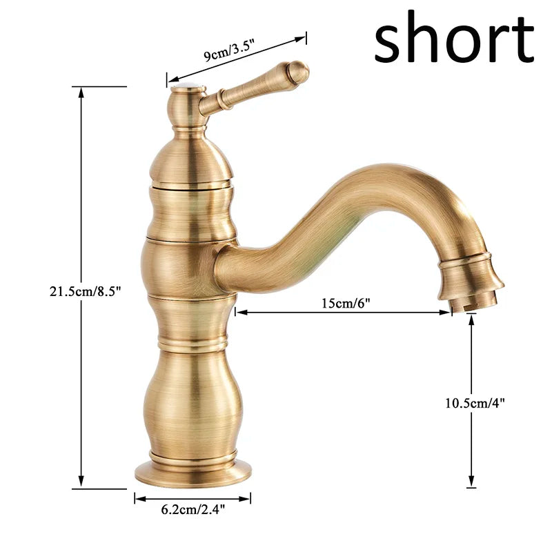 Brass bathroom basin mixer faucet in vintage style with brass finish, curved spout, and ornate handle