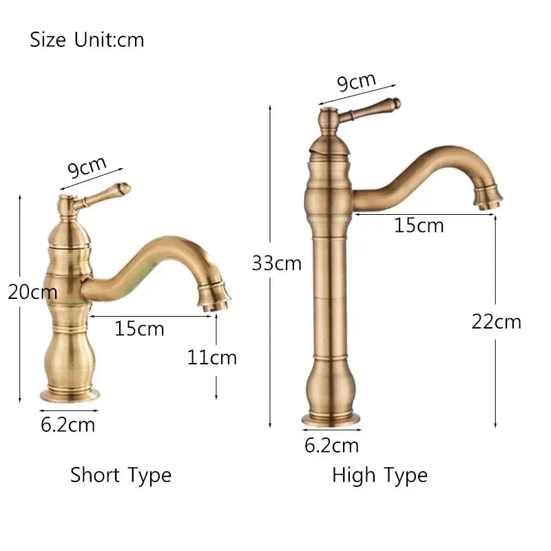 Antique brass-finished brass bathroom basin mixer faucet with classic ornate design and a curved spout