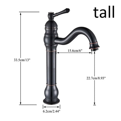 Black matte finished tall brass bathroom basin mixer faucet with curved spout and decorative ridged body