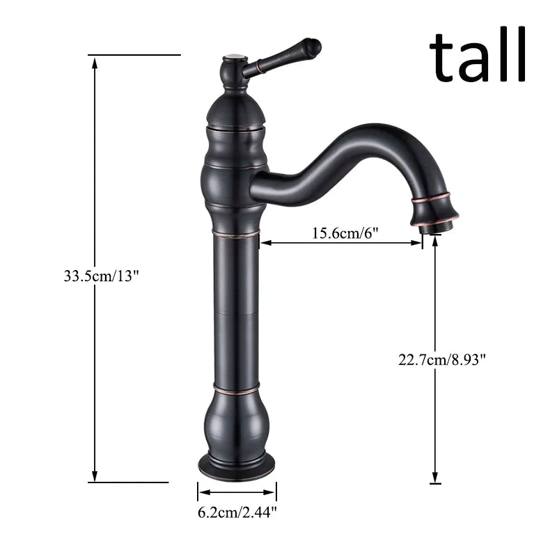 Black matte finished tall brass bathroom basin mixer faucet with curved spout and decorative ridged body