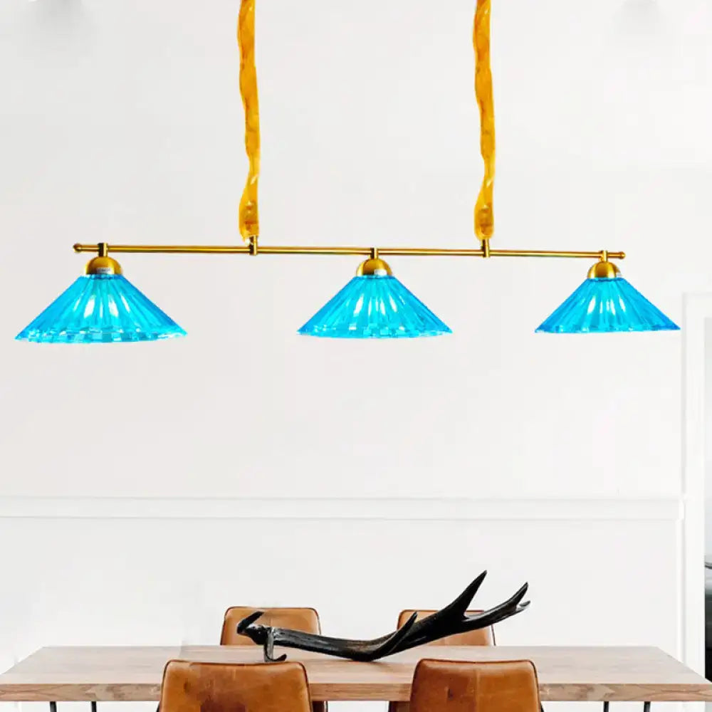 DecorBites blue ribbed glass cone pendant light with three lights brass bar turquoise shades for dining room
