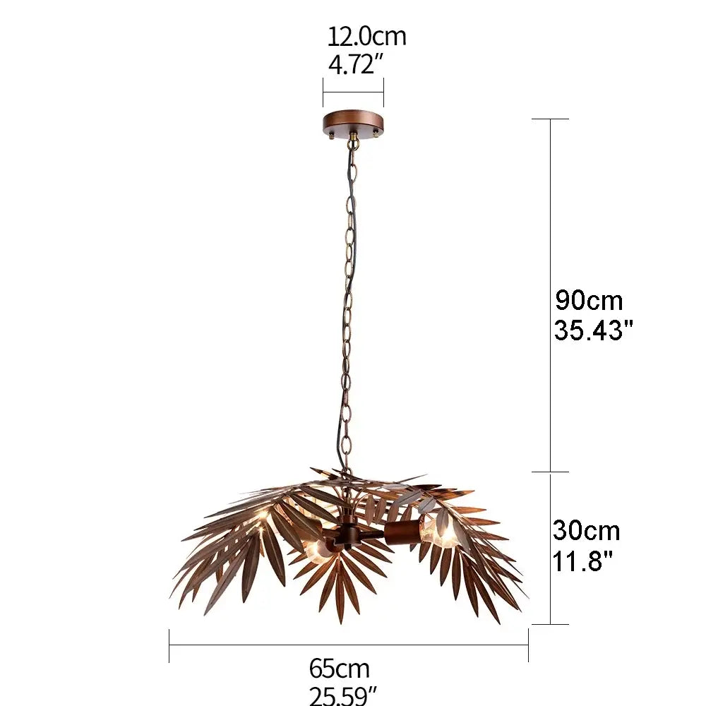 Bronze-finished metal boho coconut leaf chandelier with chain suspension and three exposed bulb sockets for dining room decorbites boho coconut
