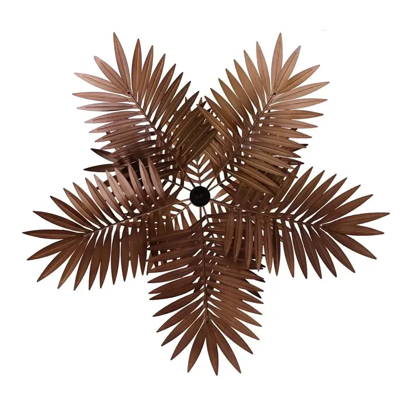 Bronze brass boho coconut leaf chandelier with metal palm frond design and central black circular hub for dining room decorbites boho coconut