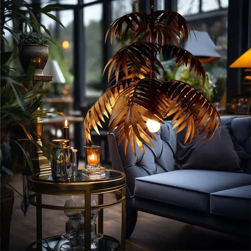 Brass boho coconut leaf chandelier with golden palm leaf pendant light and warm glow for dining room decorbites boho coconut