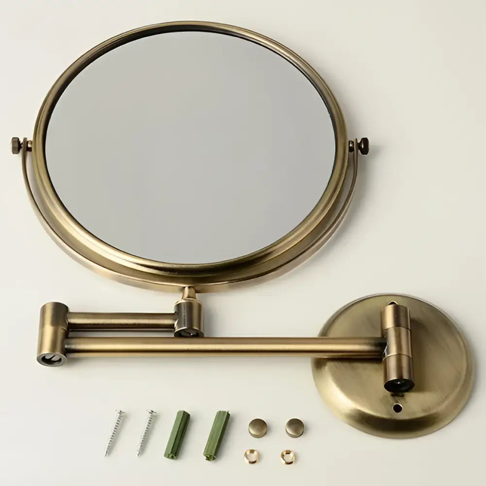 Brass bronze folding double-sided magnifying wall mirror with adjustable arm and mounting hardware for bedroom decorbites brass bronze