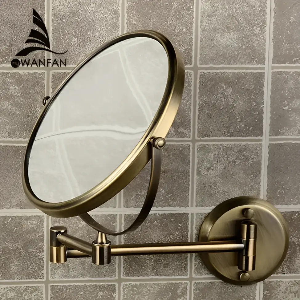 Antique decorbites brass bronze folding wall magnifying makeup mirror with circular adjustable arm and dual-sided surface