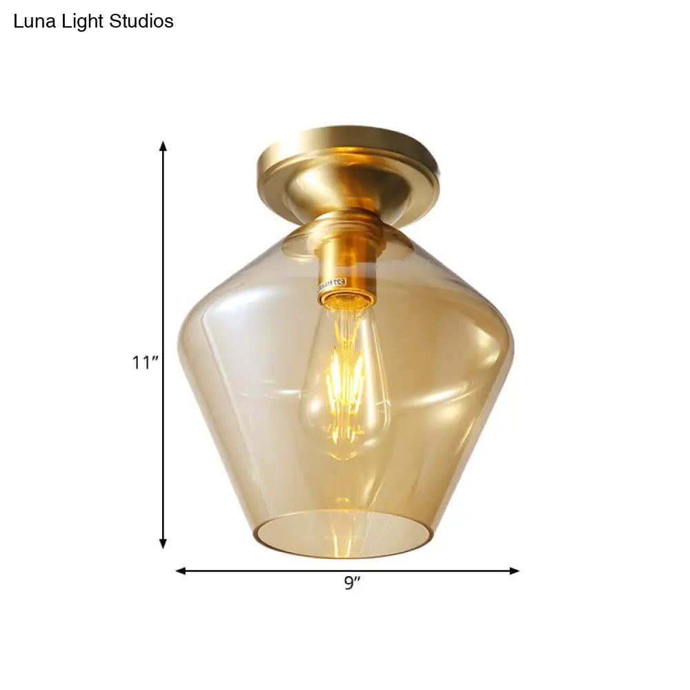 DecorBites™ DecorBites™ Brass Ceiling Lamp - Diamond Shaped Flush Mount - Mid Century Cognac Glass - Single 9"/15" Wide