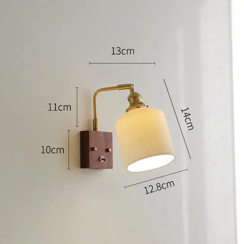 Brass ceramic ball led wall light with cream ribbed fabric shade and dark wood plate for living room wall light