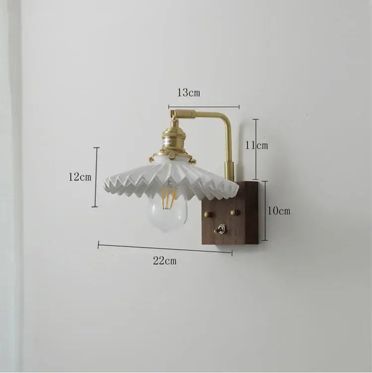 Vintage-style brass ceramic ball led wall light with scalloped off-white glass shade for living room wall light
