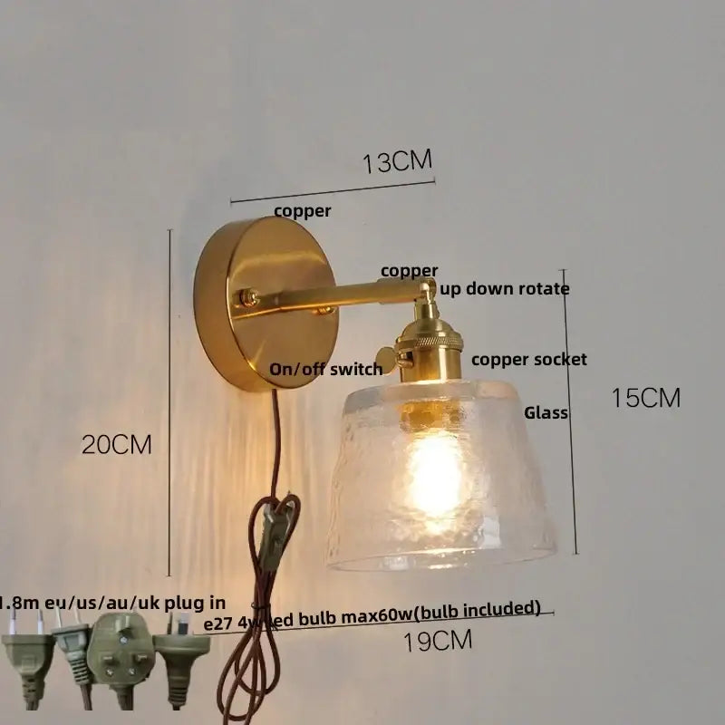 Brass wall sconce with decorbites clear glass textured shade copper accents and pull chain for bedroom lighting clear glass led