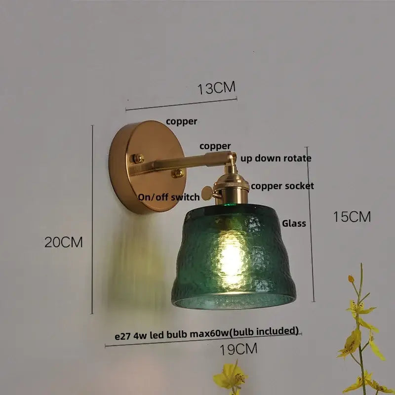 Copper-finished wall sconce with textured green glass shade for decorbites clear glass led bedroom lighting with pull chain