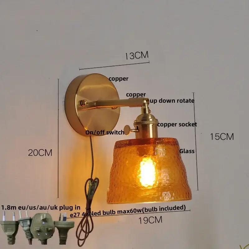Copper-finished wall sconce with textured amber glass shade decorbites clear glass led bedroom light with pull chain