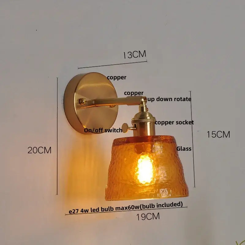 Copper wall sconce with textured amber glass shade for bedroom light featuring decorbites clear glass led design