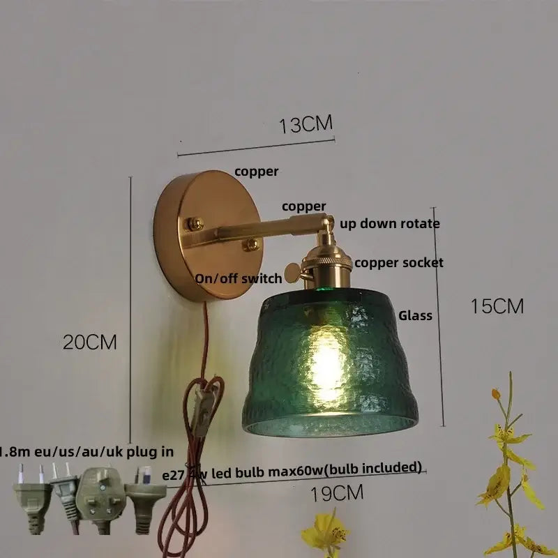 Copper-finished wall sconce with textured green clear glass led shade for decorbites clear glass bedroom light