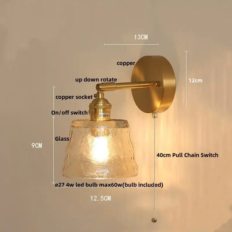 Copper-finished wall sconce with textured amber clear glass led shade and 40cm pull chain switch for bedroom decorbites clear glass lighting