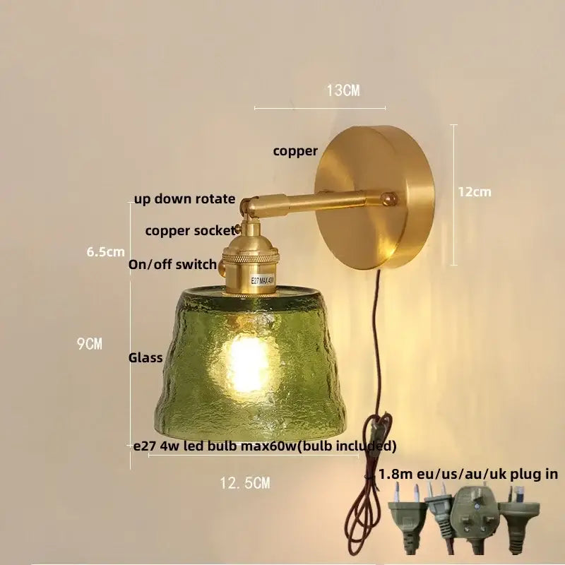 Green textured clear glass led wall sconce with brass copper wall mount and pull chain for decorbites bedroom light