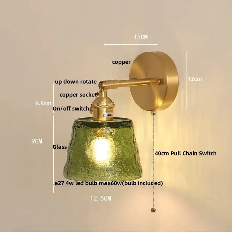 Brass clear glass led wall sconce with green textured glass lampshade and pull chain switch by decorbites clear glass