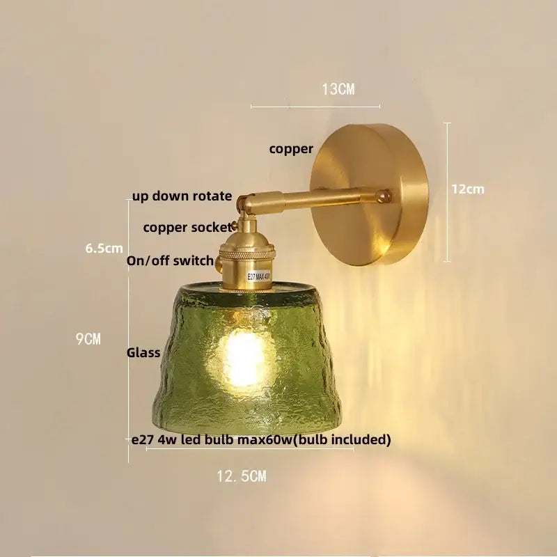 Brass clear glass led wall sconce with green textured glass lampshade and copper finished wall mount by decorbites clear glass