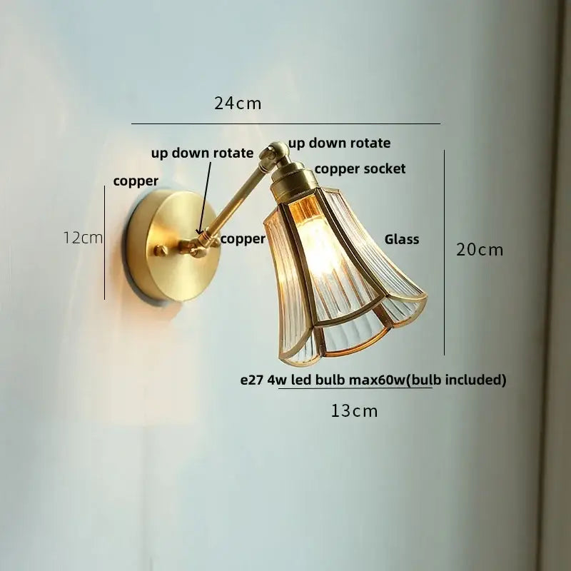 Brass-finished adjustable wall light with clear glass fluted shade and pull chain for bedroom reading by decorbites clear glass