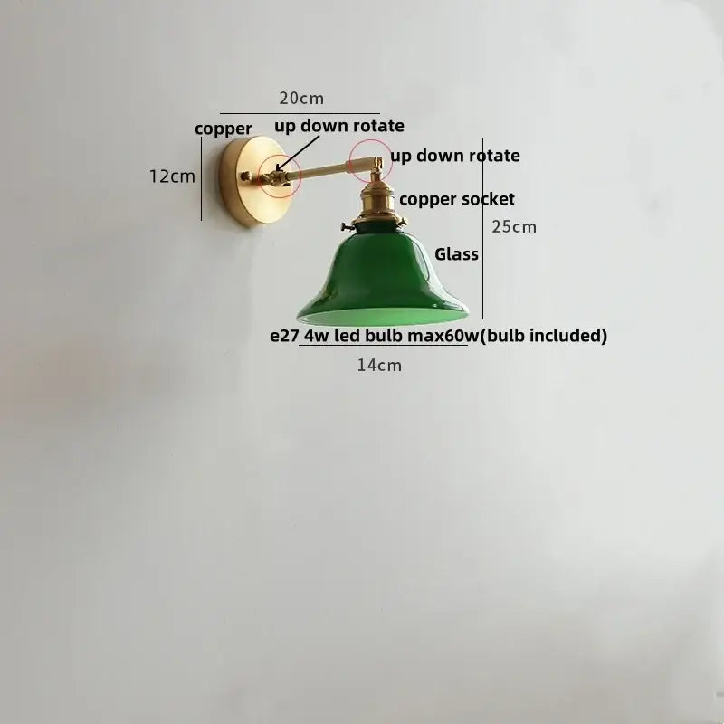 Green glass bell-shaped wall lights with copper finish arm and clear glass decorbites wall lights for bedroom reading