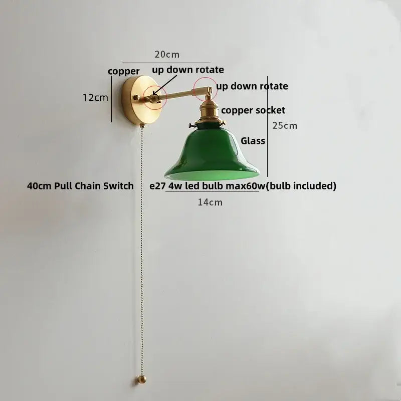 Green glass bell-shaped wall lights with copper hardware clear glass decorbites bedroom reading lamp with pull chain