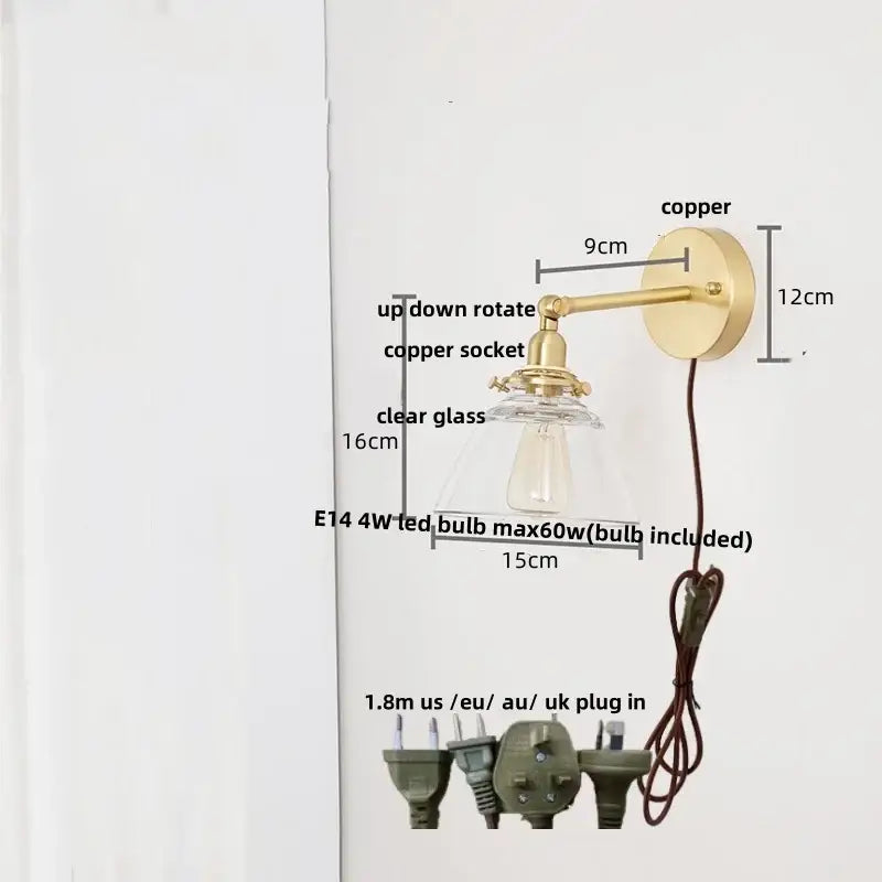 Copper wall lights with clear glass shade and adjustable arm by decorbites for bedroom reading lamp with pull chain