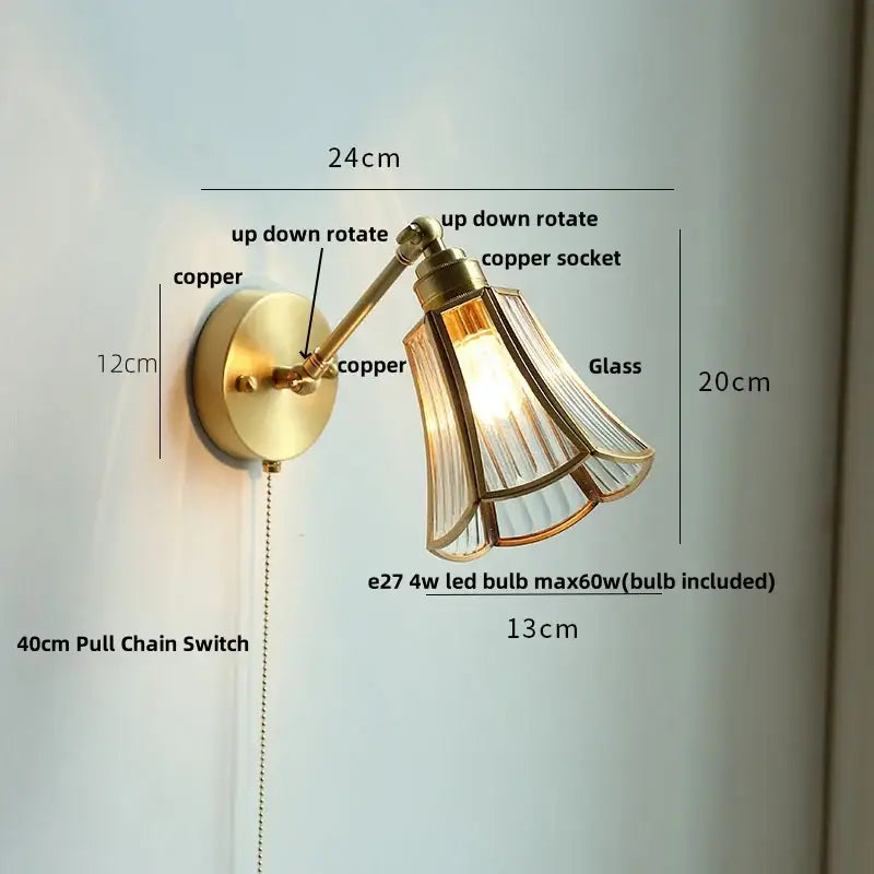 Brass clear glass wall light with copper finish, fluted glass shade, adjustable arm, and pull chain for bedroom reading decorbites clear glass