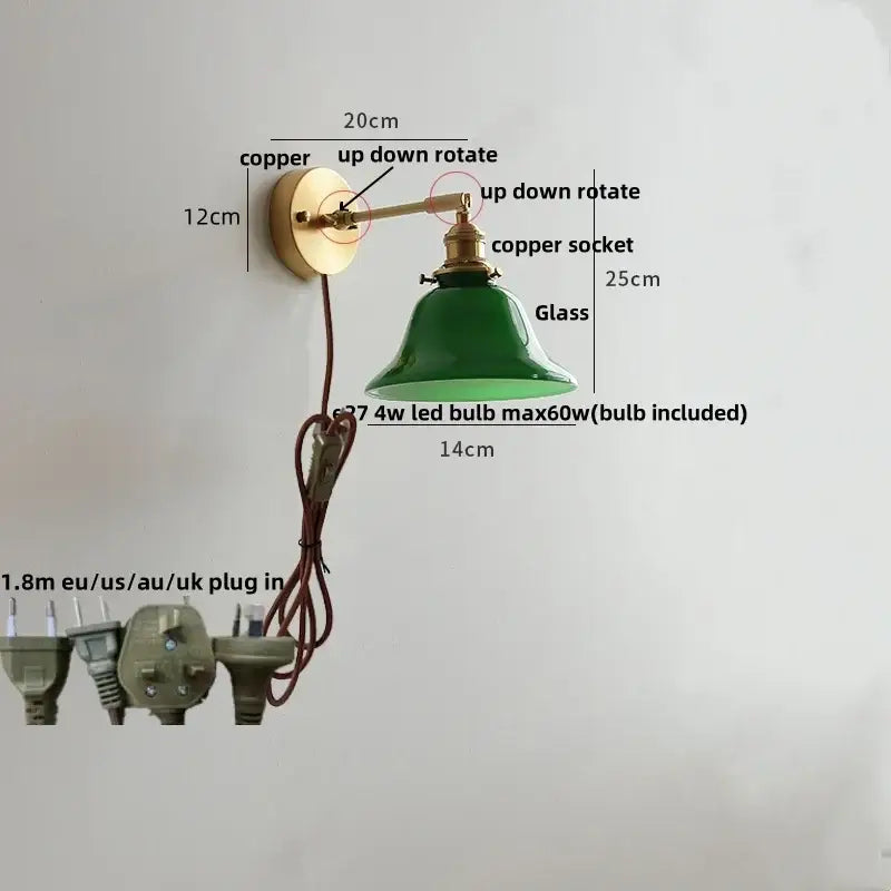 Brass clear glass wall lights with green glass bell-shaped sconce copper finish and 1.8m power cord decorbites clear glass