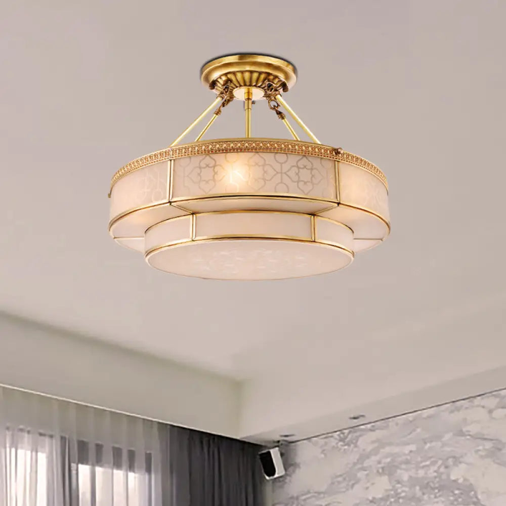 DecorBites™ Brass Colonial Round Ceiling Mount Light Fixture - 3 Bulbs Round Semi Flush Chandelier with Milky Glass for Living Room