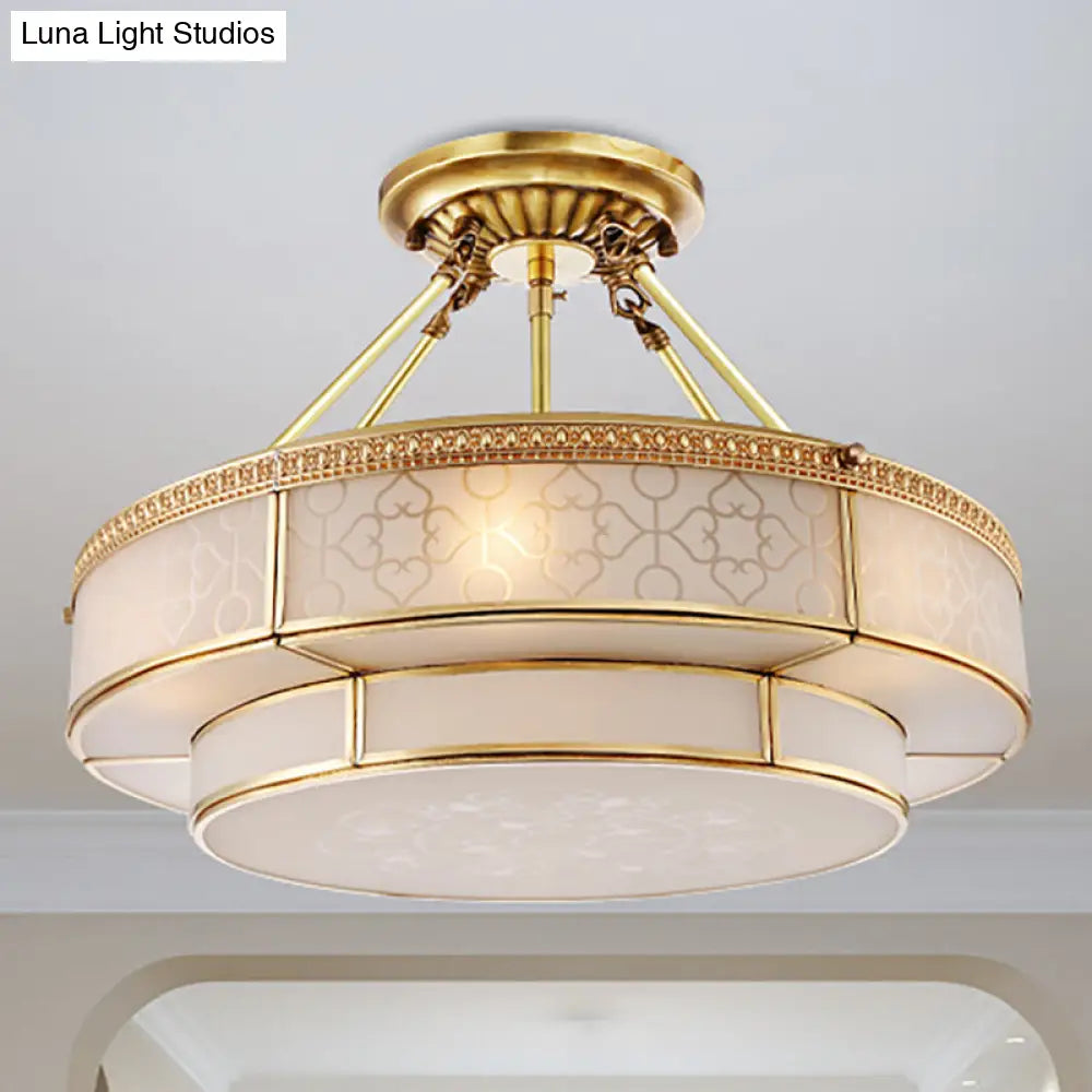 DecorBites™ Brass Colonial Round Ceiling Mount Light Fixture - 3 Bulbs Round Semi Flush Chandelier with Milky Glass for Living Room