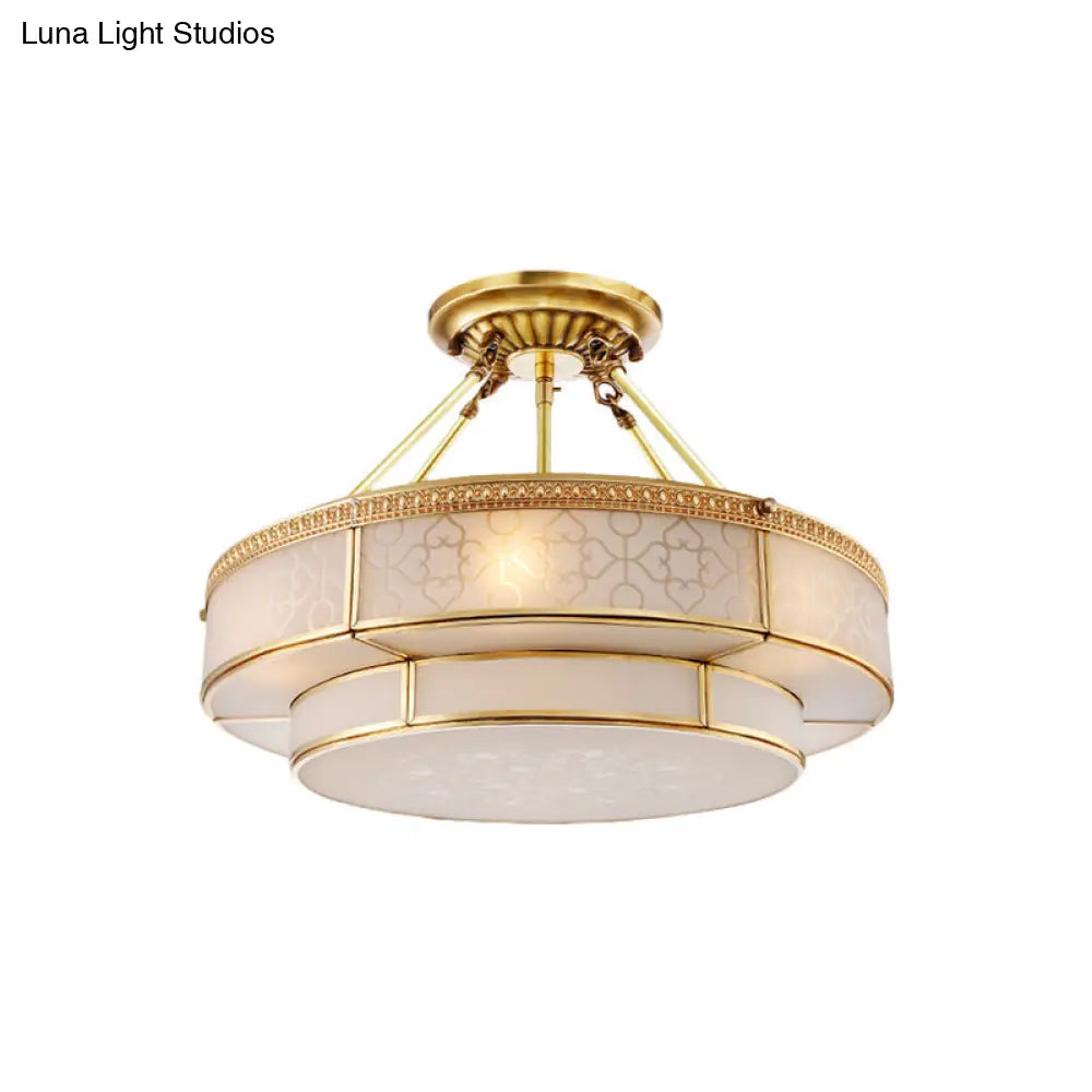 DecorBites™ Brass Colonial Round Ceiling Mount Light Fixture - 3 Bulbs Round Semi Flush Chandelier with Milky Glass for Living Room
