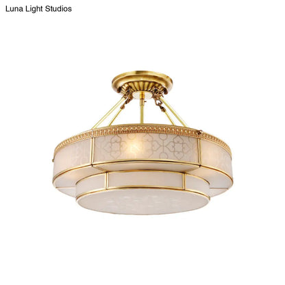DecorBites™ Brass Colonial Round Ceiling Mount Light Fixture - 3 Bulbs Round Semi Flush Chandelier with Milky Glass for Living Room