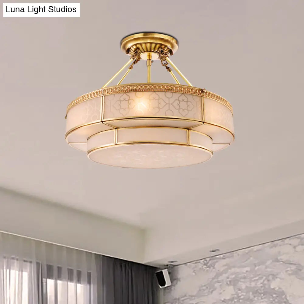 DecorBites™ Brass Colonial Round Ceiling Mount Light Fixture - 3 Bulbs Round Semi Flush Chandelier with Milky Glass for Living Room