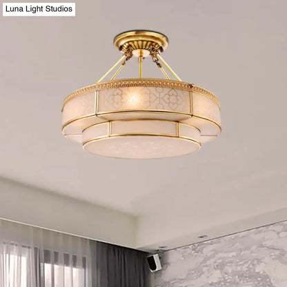 DecorBites™ Brass Colonial Round Ceiling Mount Light Fixture - 3 Bulbs Round Semi Flush Chandelier with Milky Glass for Living Room