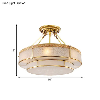 DecorBites™ Brass Colonial Round Ceiling Mount Light Fixture - 3 Bulbs Round Semi Flush Chandelier with Milky Glass for Living Room