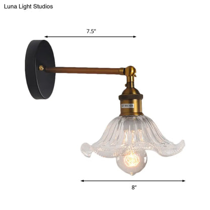 Brass Cone Wall Sconce with Clear Ribbed Glass - Industrial Living Room Lighting Fixture for Dining Room