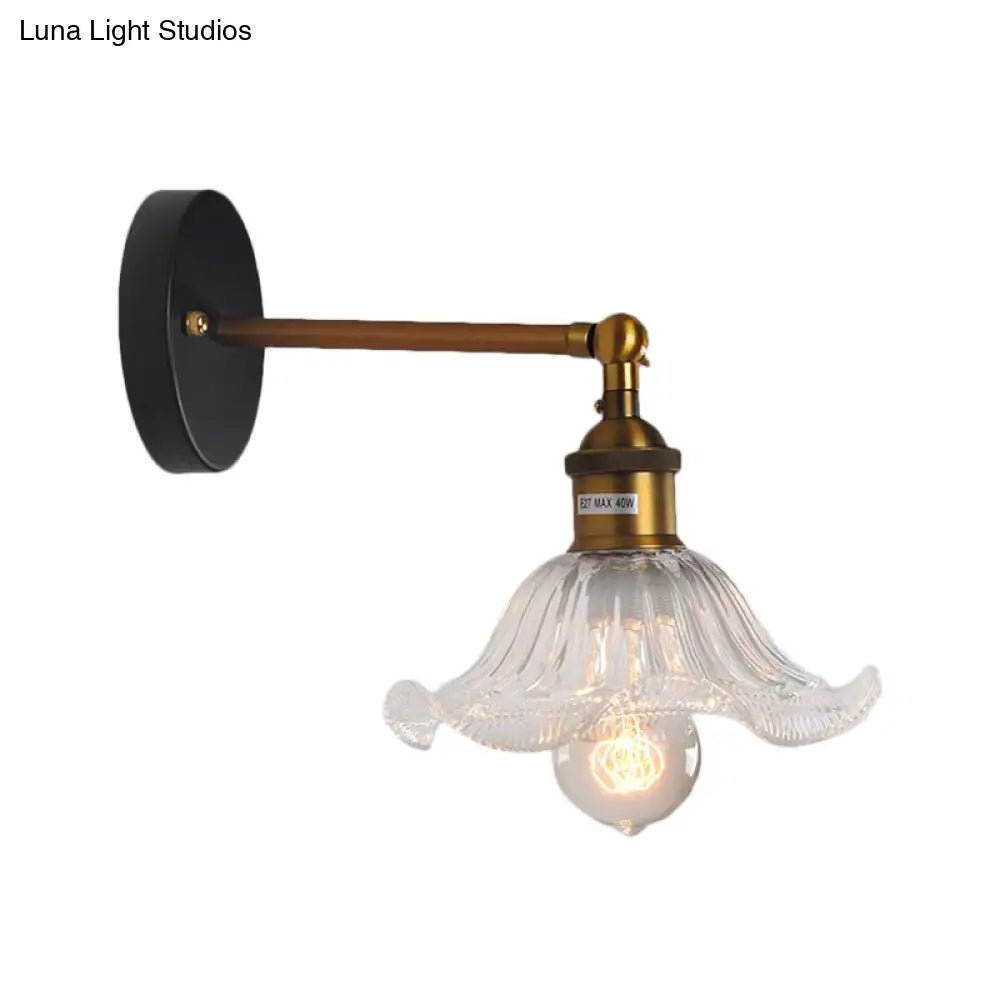 Brass Cone Wall Sconce with Clear Ribbed Glass - Industrial Living Room Lighting Fixture for Dining Room
