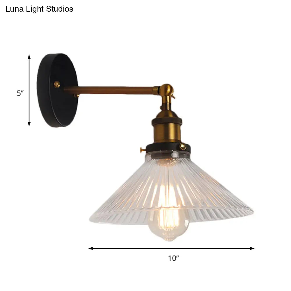 Brass Cone Wall Sconce with Clear Ribbed Glass - Industrial Living Room Lighting Fixture for Dining Room
