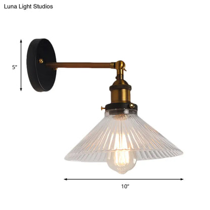 Brass Cone Wall Sconce with Clear Ribbed Glass - Industrial Living Room Lighting Fixture for Dining Room
