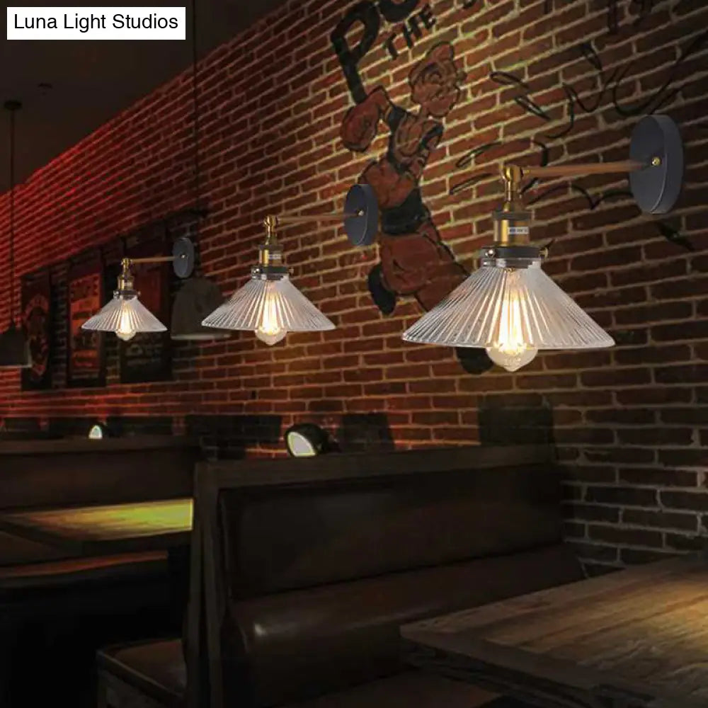 Brass Cone Wall Sconce with Clear Ribbed Glass - Industrial Living Room Lighting Fixture for Dining Room