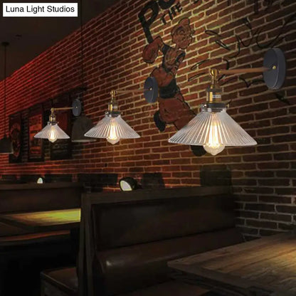 Brass Cone Wall Sconce with Clear Ribbed Glass - Industrial Living Room Lighting Fixture for Dining Room