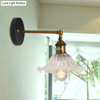 Brass Cone Wall Sconce with Clear Ribbed Glass - Industrial Living Room Lighting Fixture for Dining Room