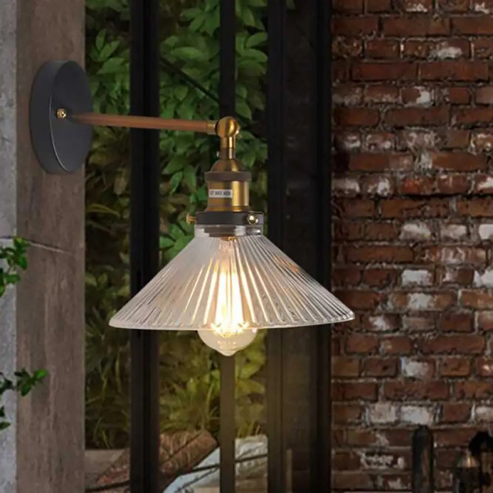 Brass Cone Wall Sconce with Clear Ribbed Glass - Industrial Living Room Lighting Fixture for Dining Room