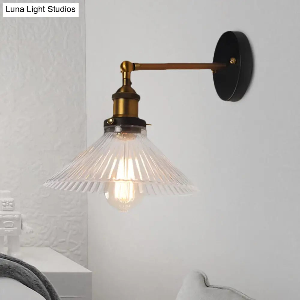 Brass Cone Wall Sconce with Clear Ribbed Glass - Industrial Living Room Lighting Fixture for Dining Room
