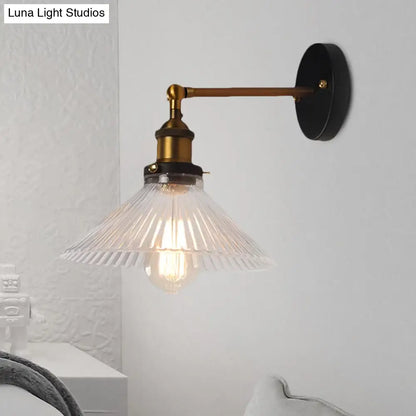 Brass Cone Wall Sconce with Clear Ribbed Glass - Industrial Living Room Lighting Fixture for Dining Room
