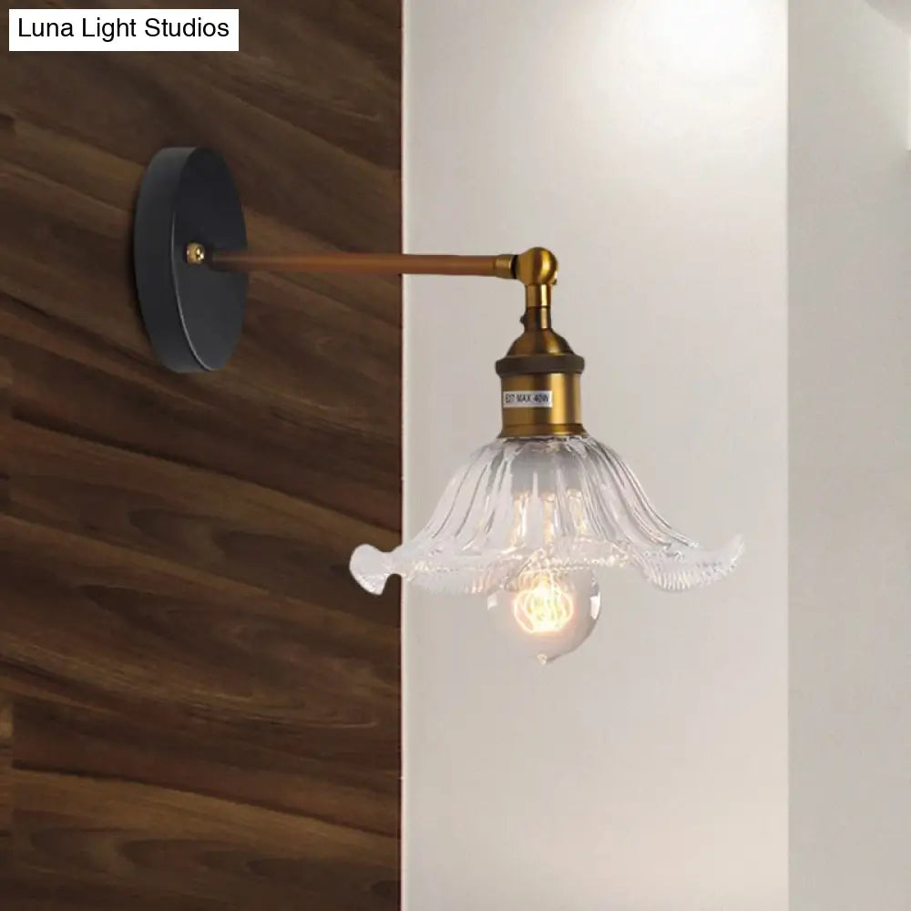 Brass Cone Wall Sconce with Clear Ribbed Glass - Industrial Living Room Lighting Fixture for Dining Room